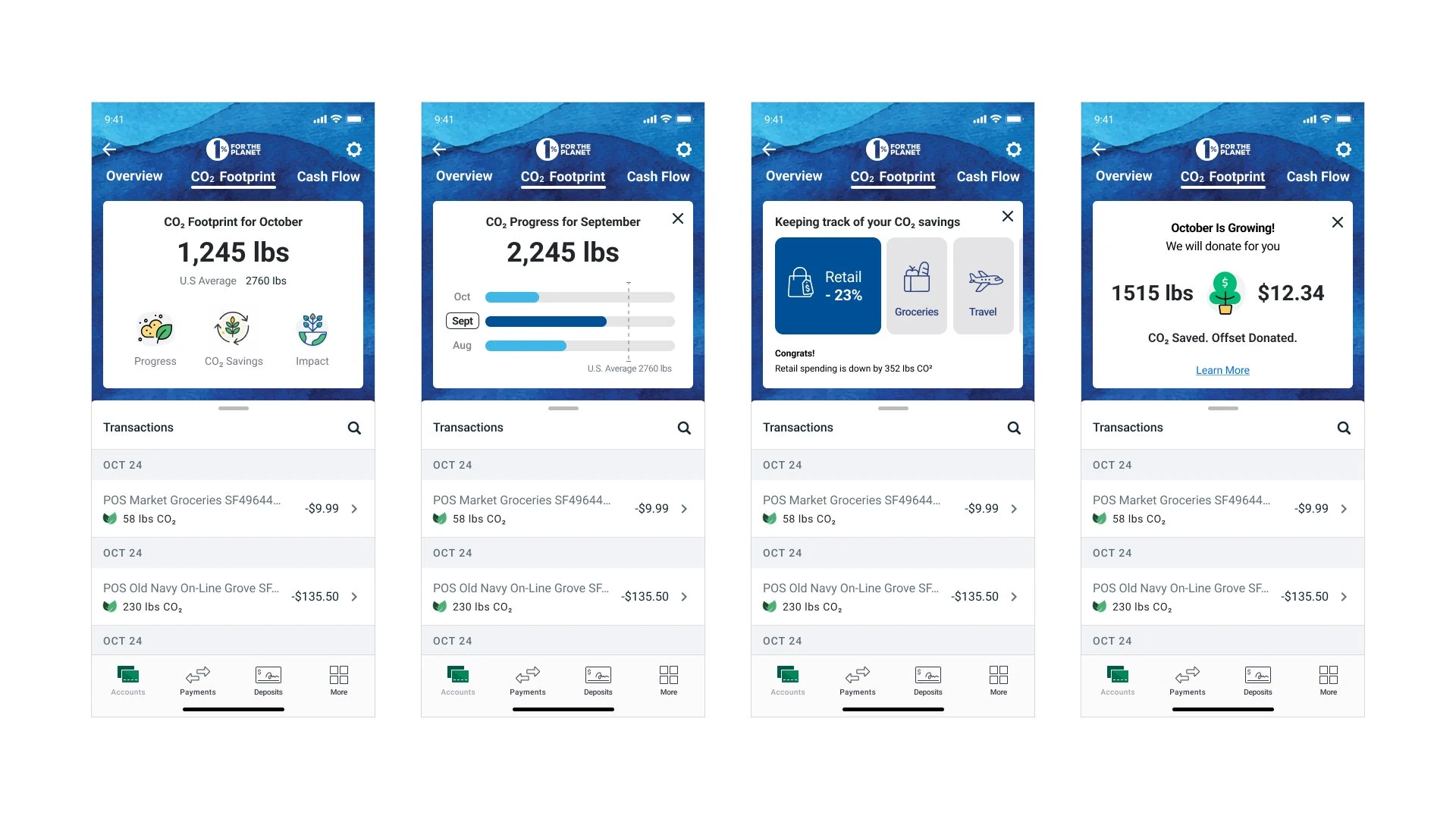 1% for the Planet account screens tracking the CO₂ footprint of spending