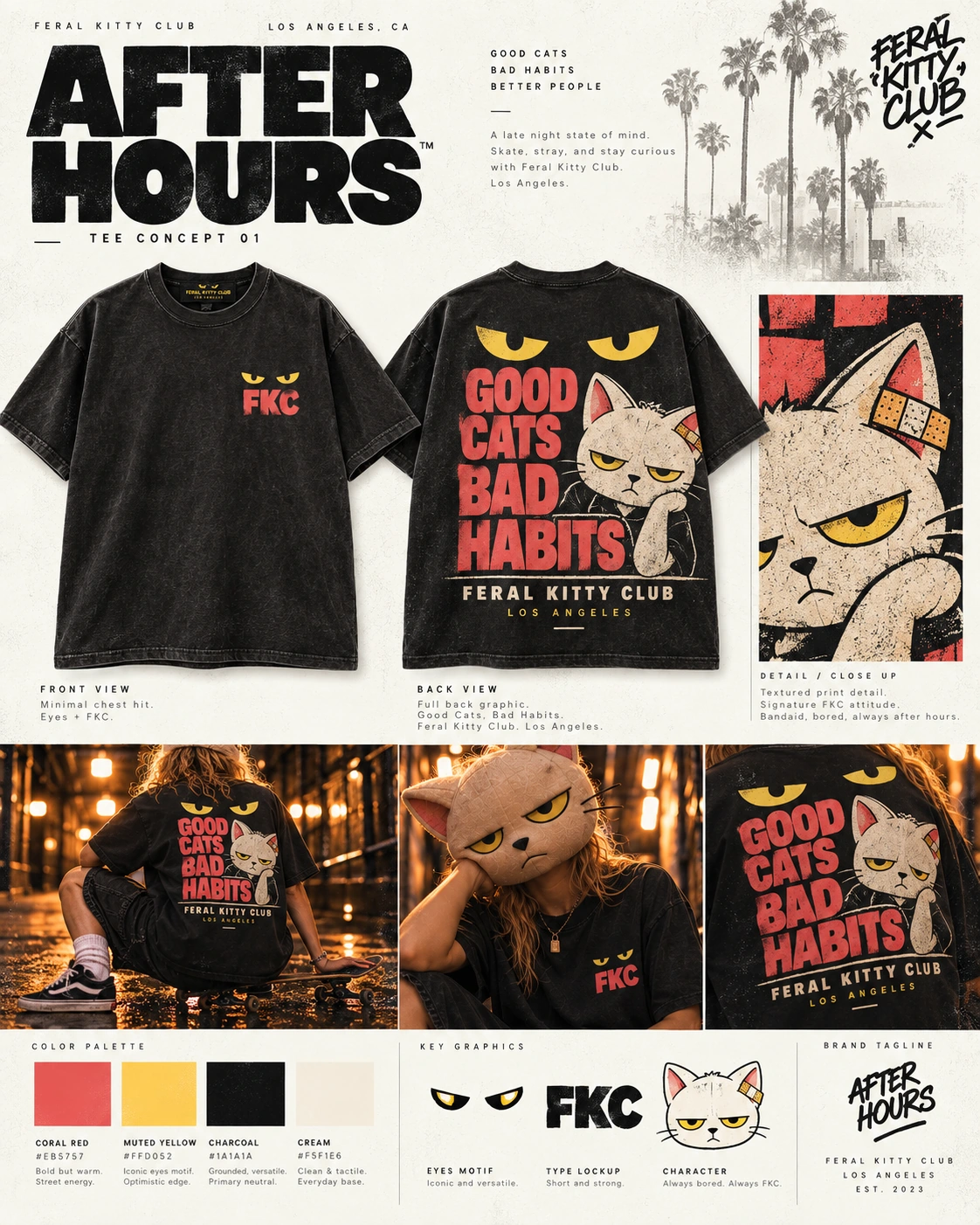 Feral Kitty Club After Hours black tee concept board