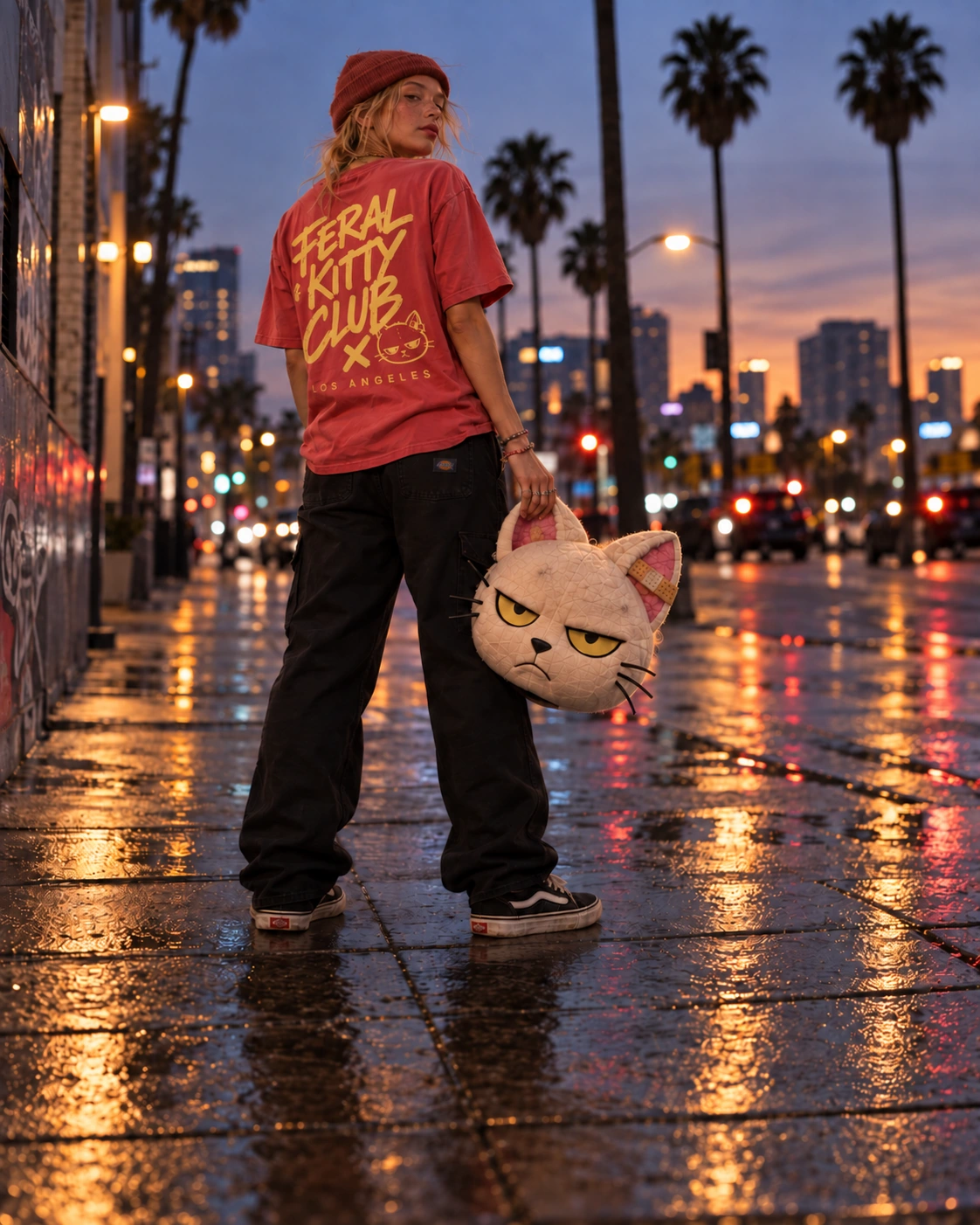 Feral Kitty Club coral tee back campaign on a Los Angeles street
