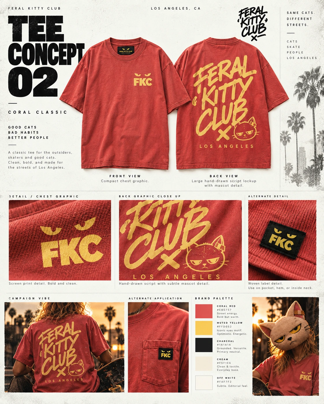 Feral Kitty Club coral tee concept board