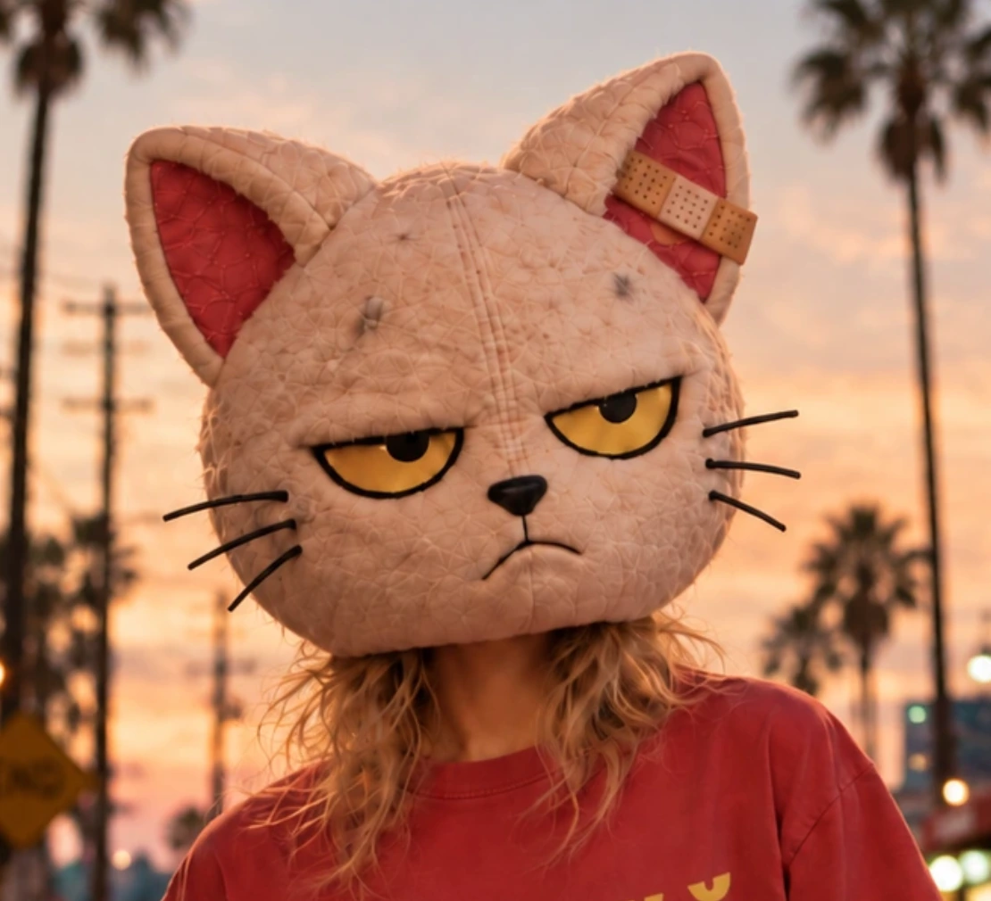 Feral Kitty Club coral tee front campaign on a Los Angeles street