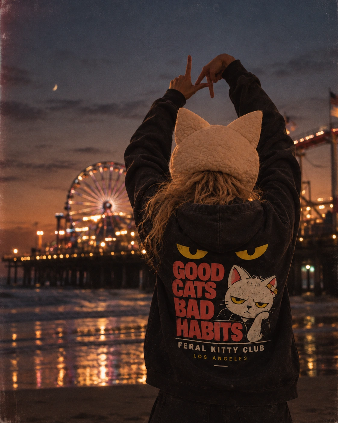 Feral Kitty Club hoodie back campaign at the pier