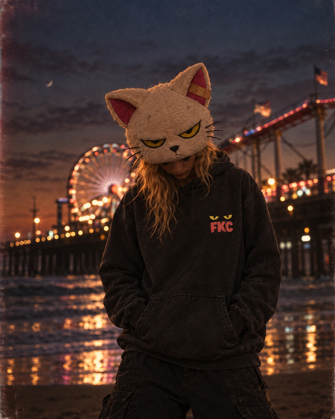 Feral Kitty Club hoodie campaign at the pier in Los Angeles