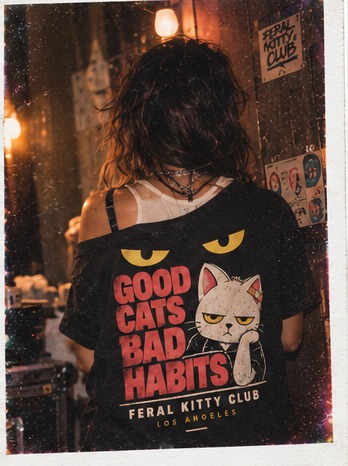 Instant photo of the back of a Good Cats Bad Habits tee
