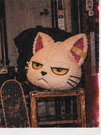 Instant photo of the Feral Kitty Club mascot head on a crate