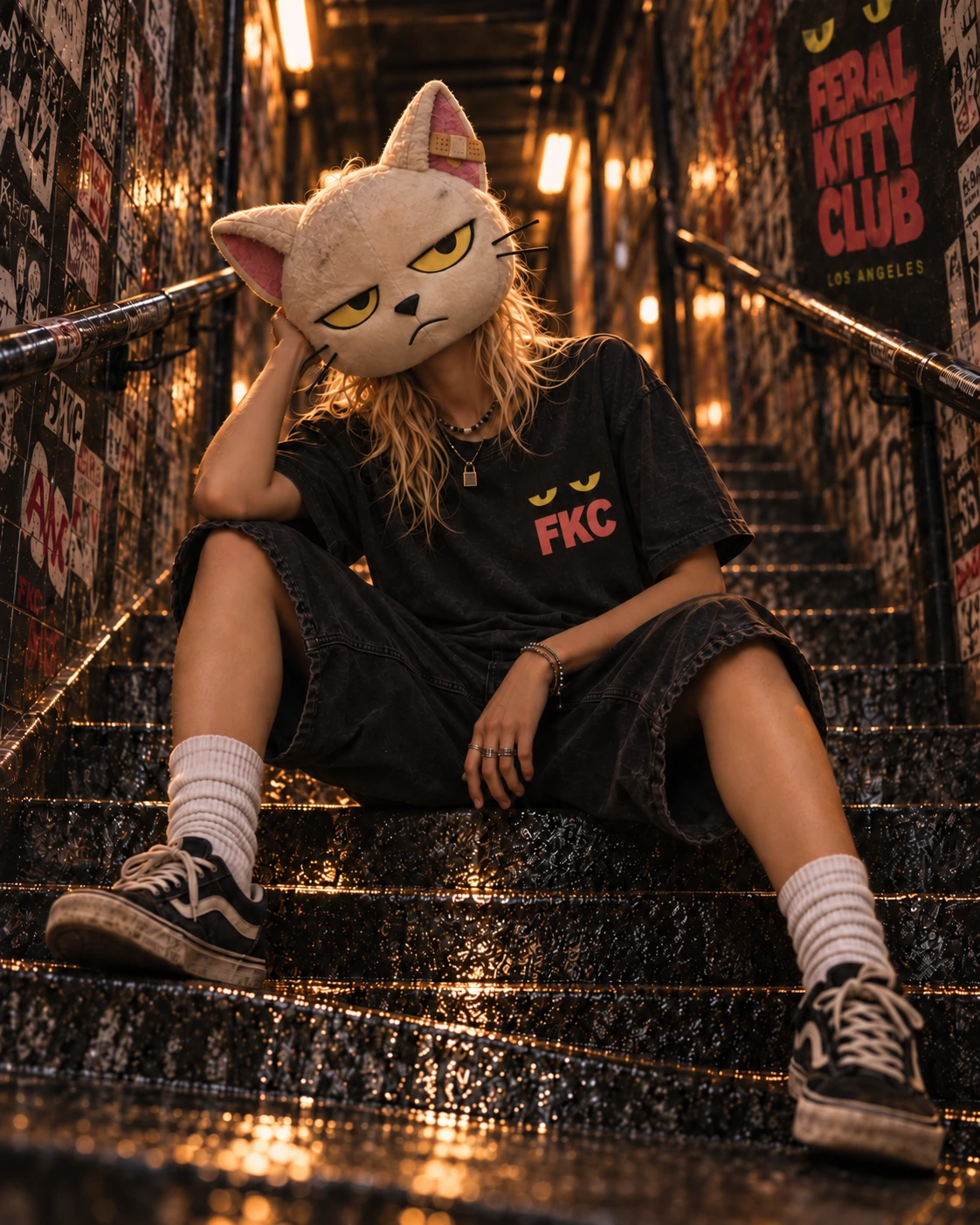 Feral Kitty Club seated stairwell campaign image