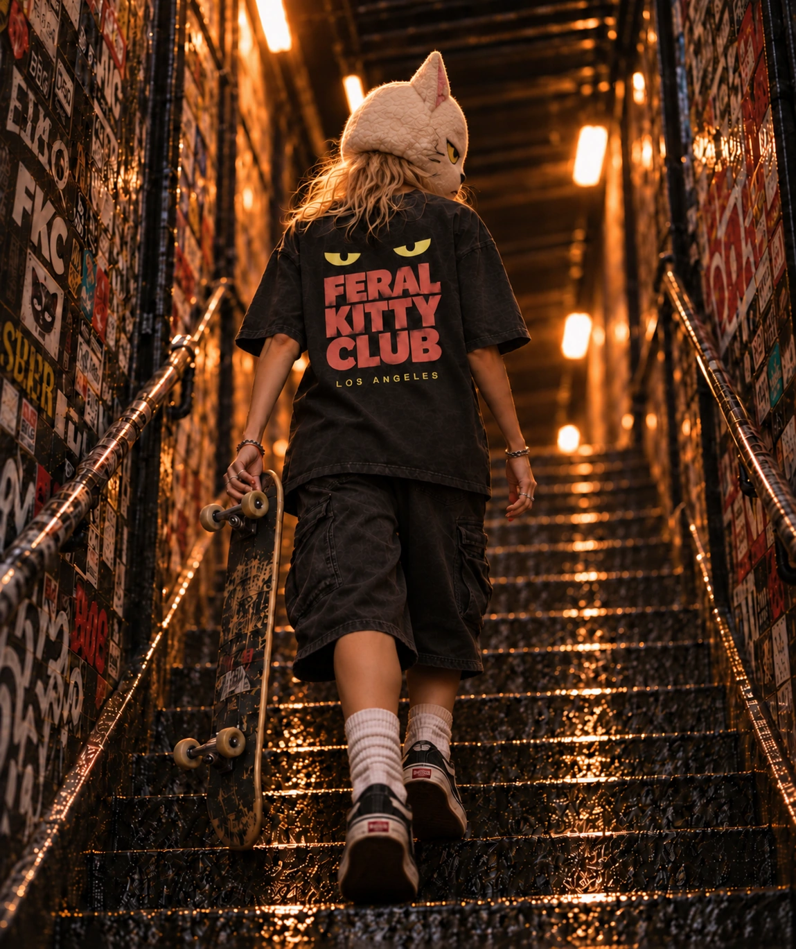 Feral Kitty Club walking stairwell campaign image from behind
