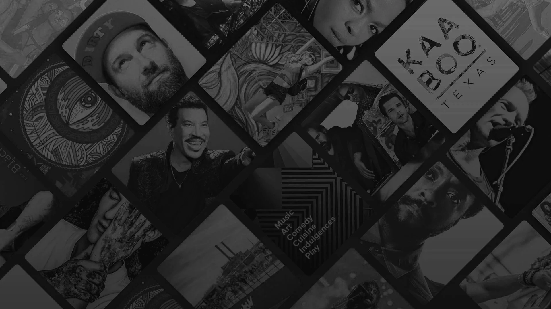 Black-and-white collage of concert and event artwork
