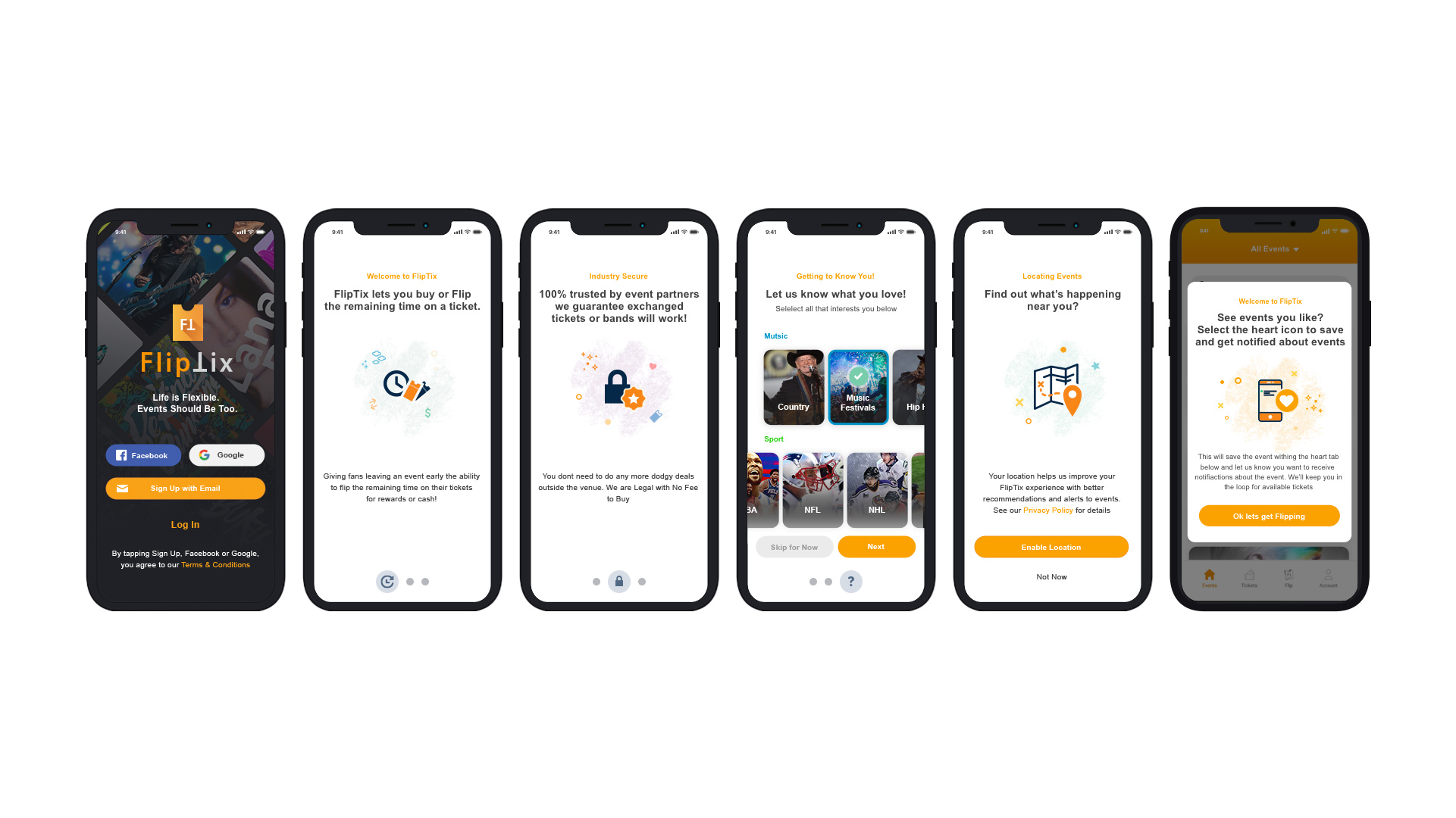 FlipTix onboarding screens