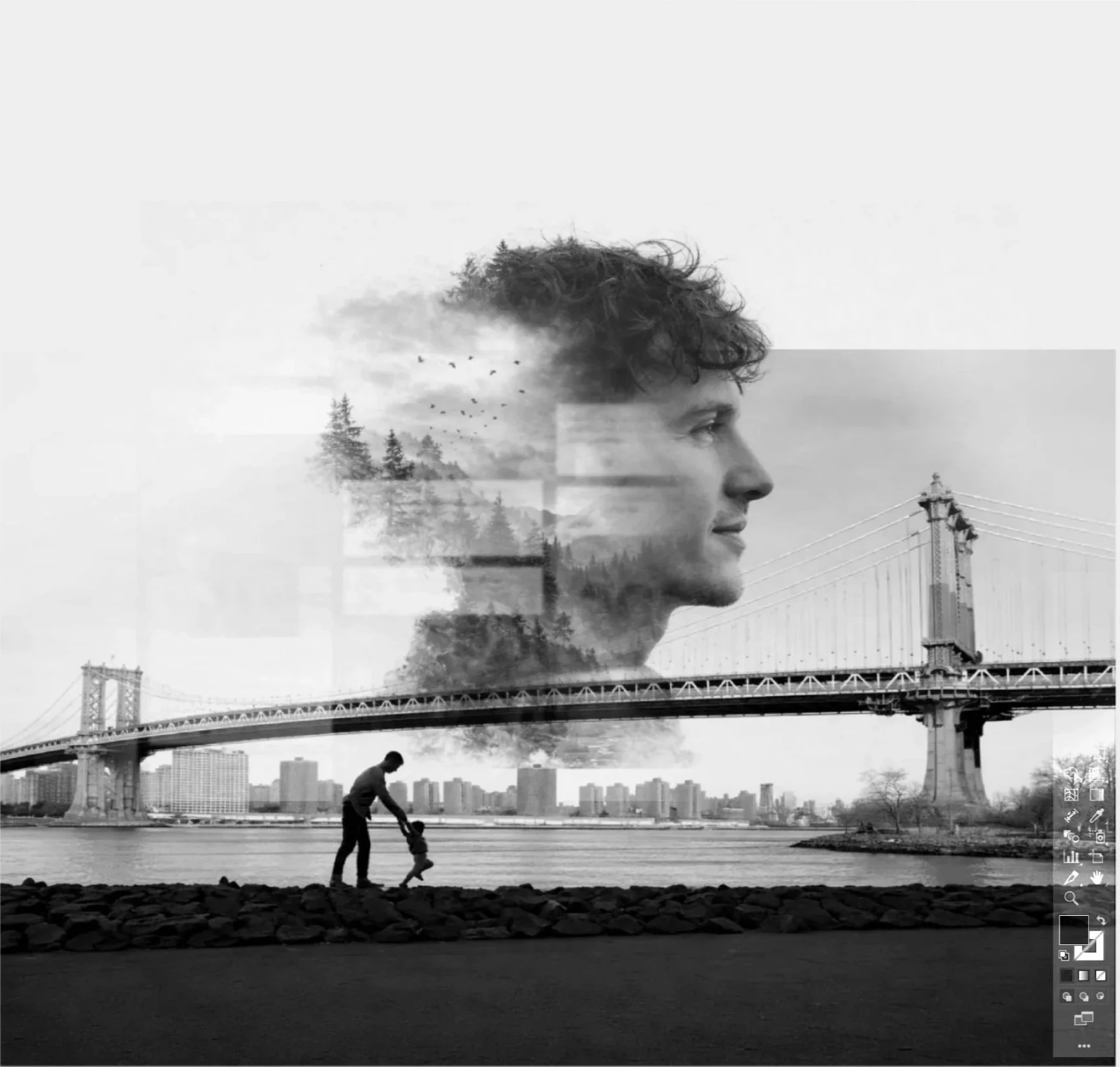 Double-exposure portrait of Jony over the Manhattan Bridge, with Jony and his son silhouetted on the waterfront