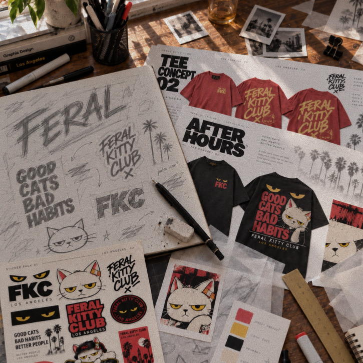 Feral Kitty Club design sketches and printed work