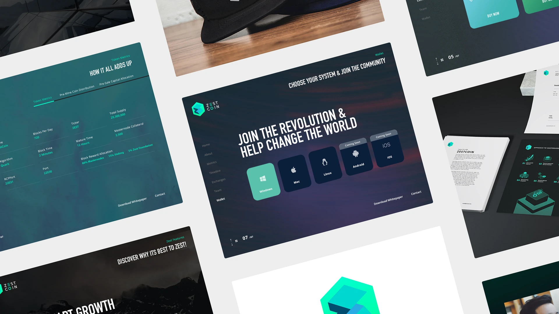 ZestCoin visual system across website and presentation materials