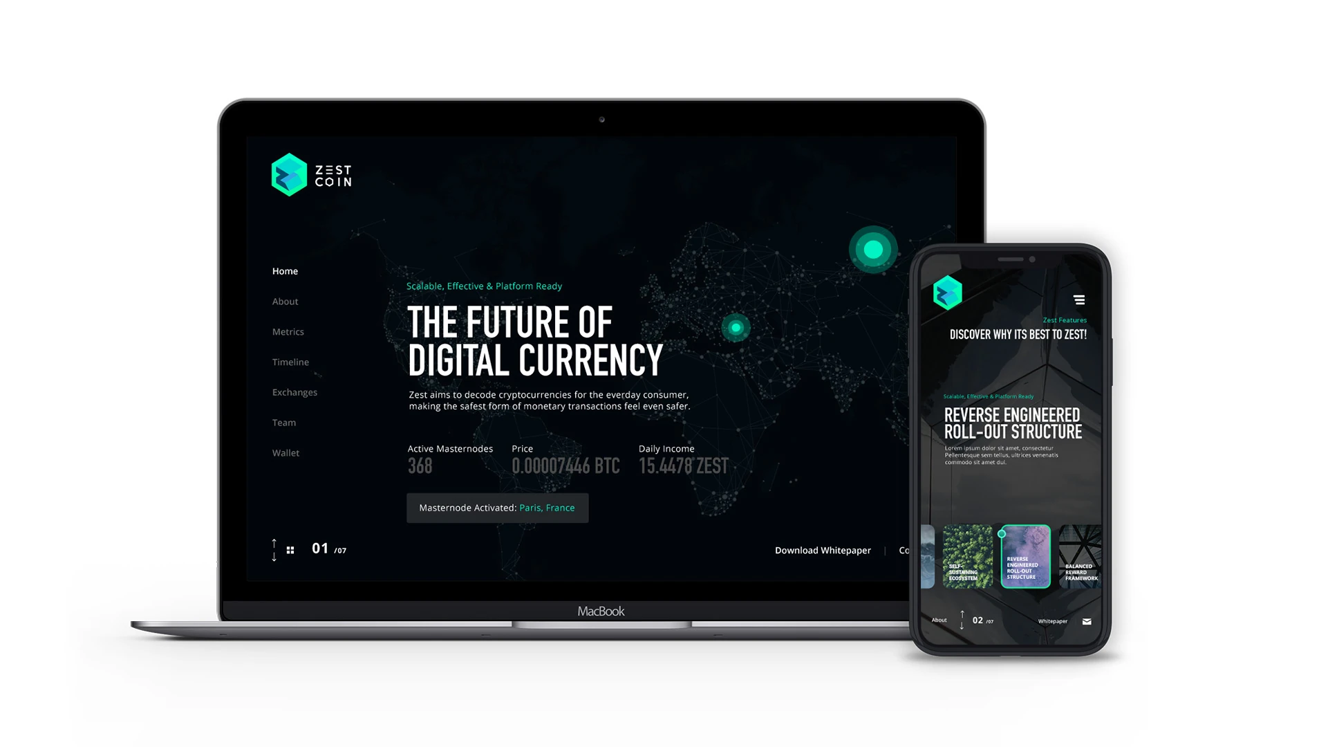 ZestCoin responsive website on laptop and phone